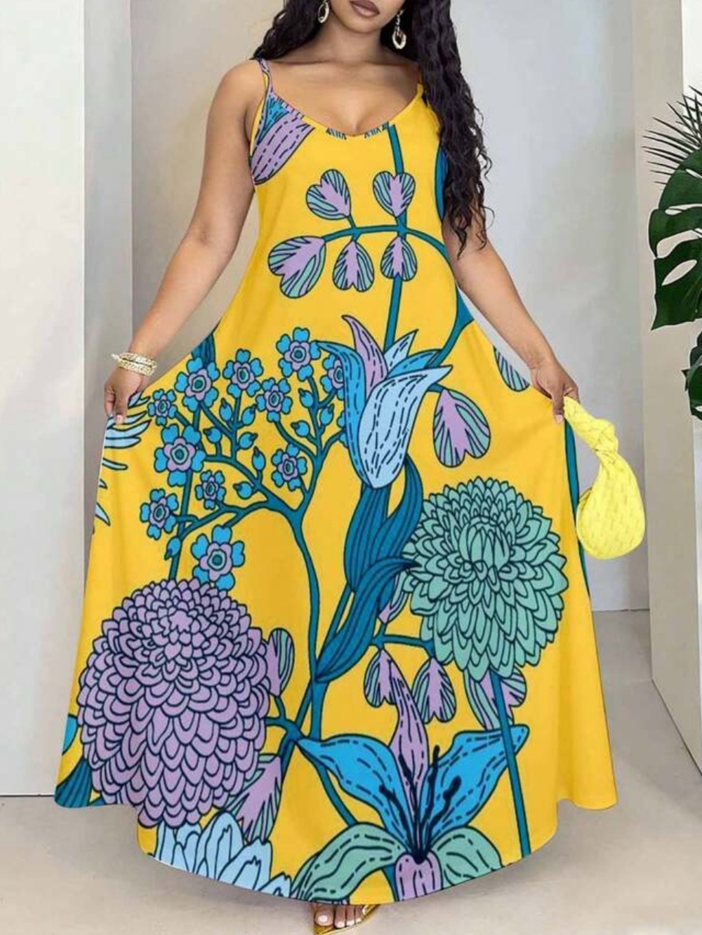 Boho Plus Size Floral Print Botanical Sleeveless Spaghetti Strap Maxi Dress